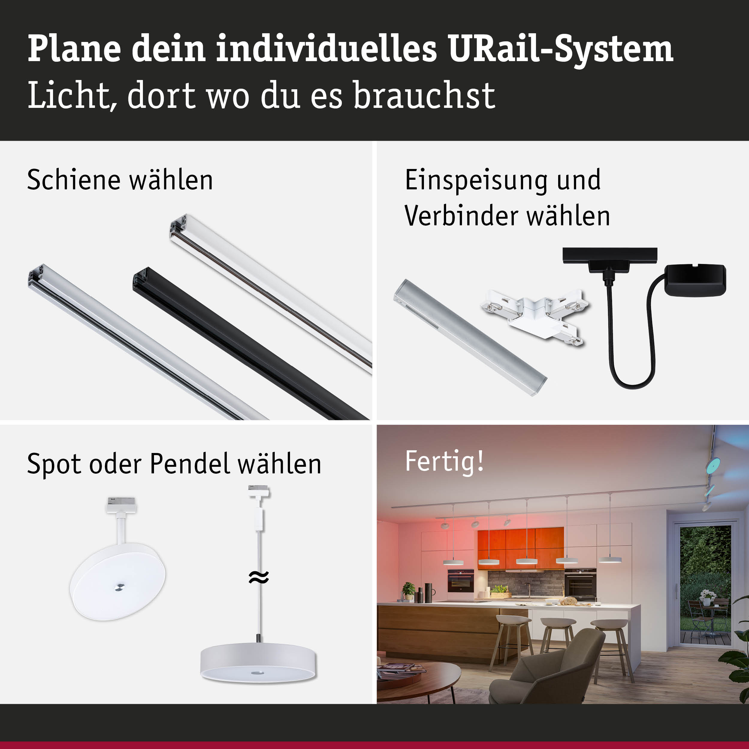 Modulares URail-Schienensystem mit weißen und schwarzen Schienen, Steckern und Pendelleuchten für flexible Raumbeleuchtung