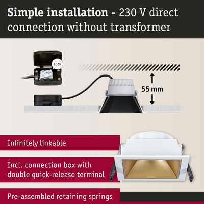 White square recessed spotlight with gold reflector and 55 mm installation depth, LED recessed light