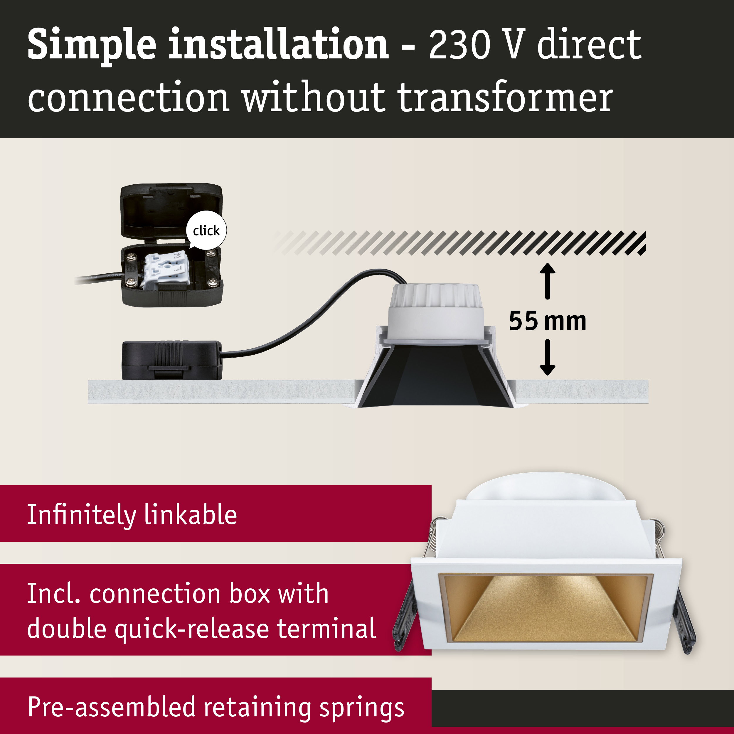 White square LED recessed spotlight with gold reflector and connection box for simple 230V direct installation