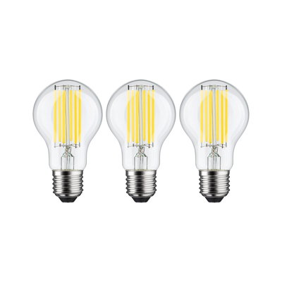 Three LED filament bulbs with clear glass and silver base for energy-efficient lighting solutions