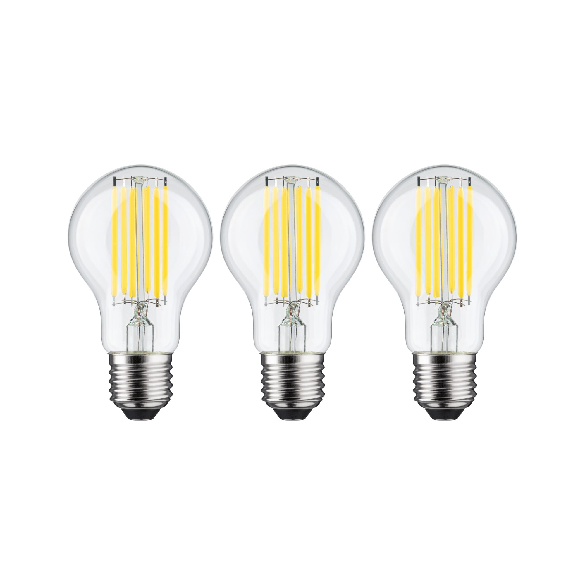 Three LED filament bulbs with clear glass and silver base for energy-efficient lighting solutions