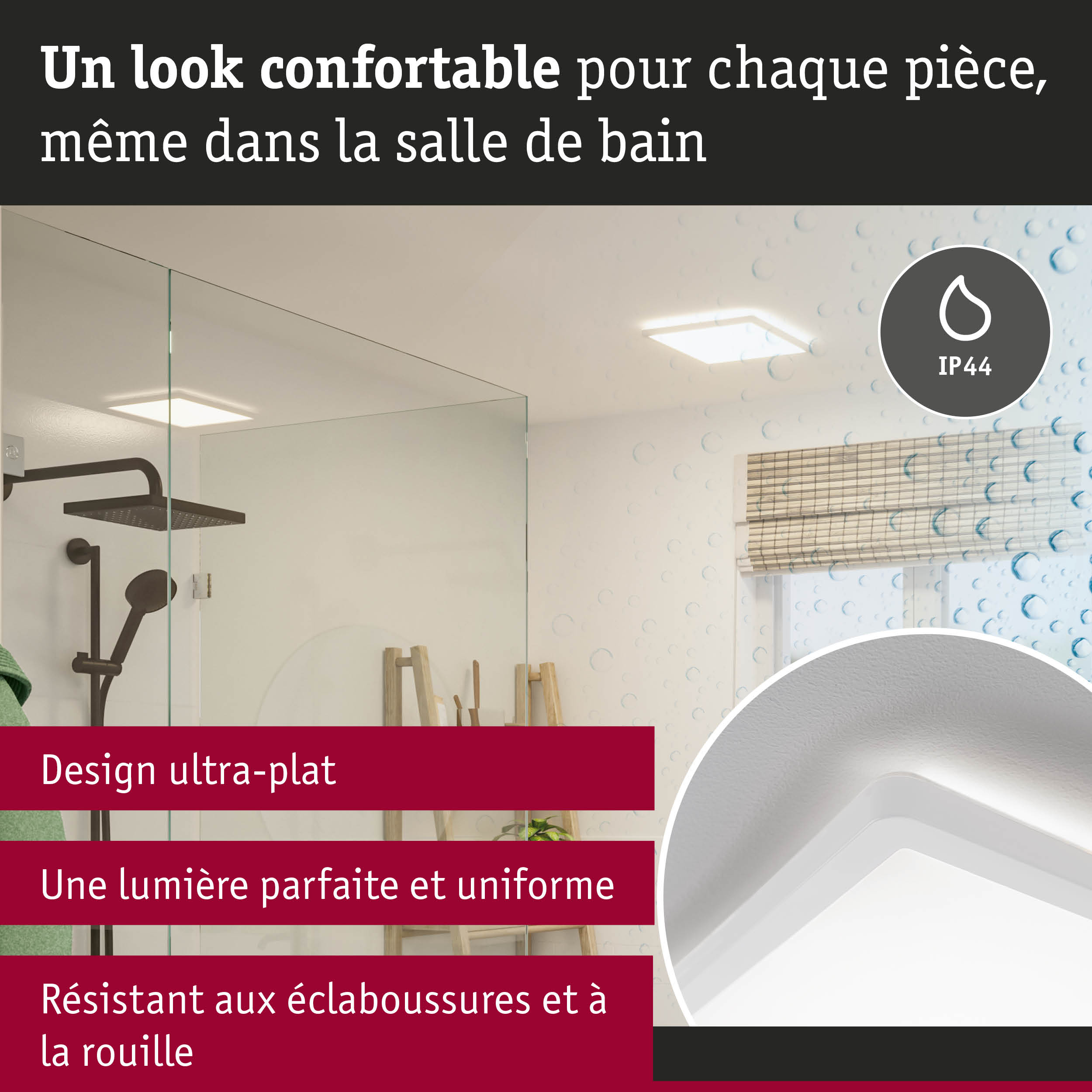Plafonnier LED blanc ultra-plat IP44 pour salle de bain, résistant aux éclaboussures et à la rouille