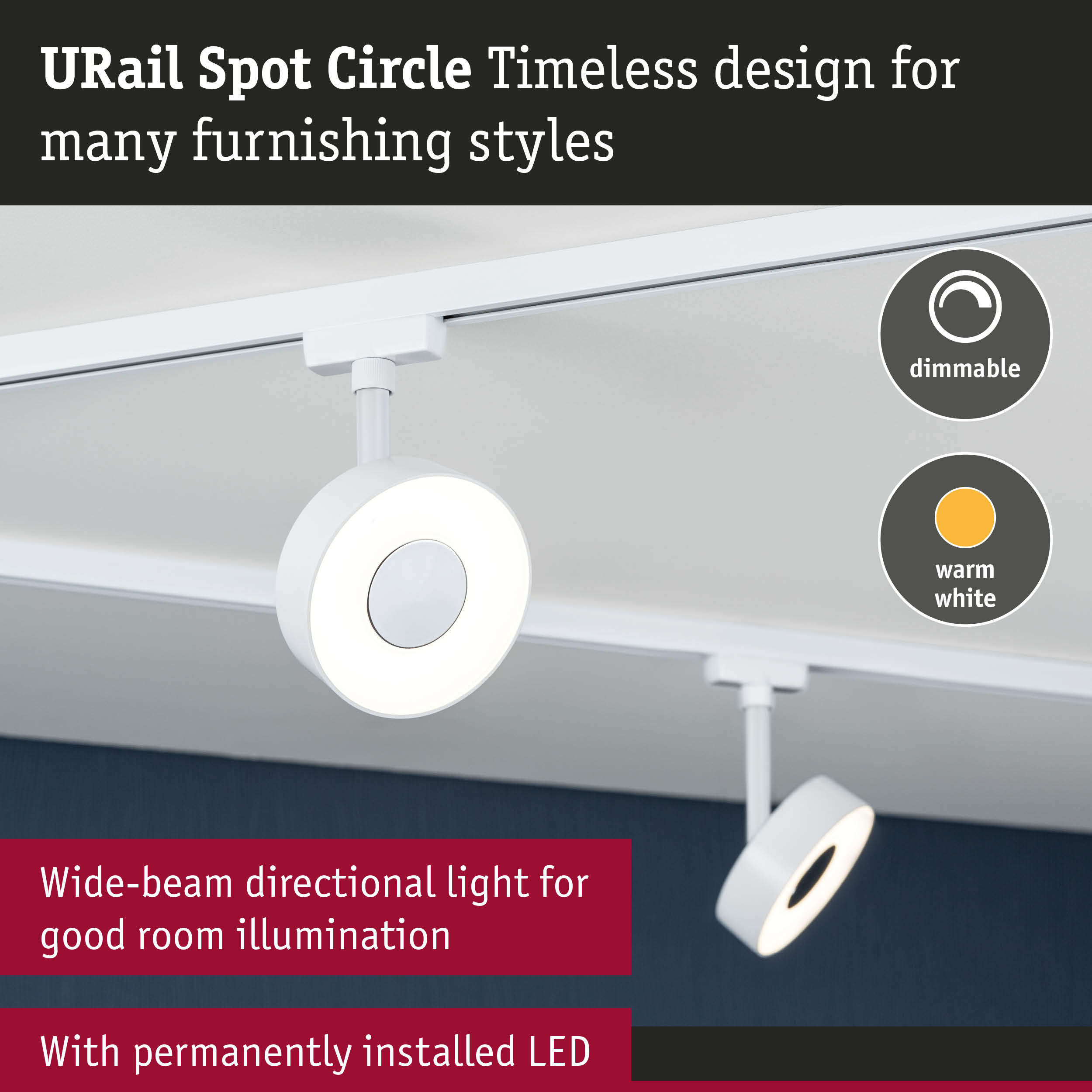 White URail Spot Circle LED spotlight with dimmable warm white light for versatile room lighting