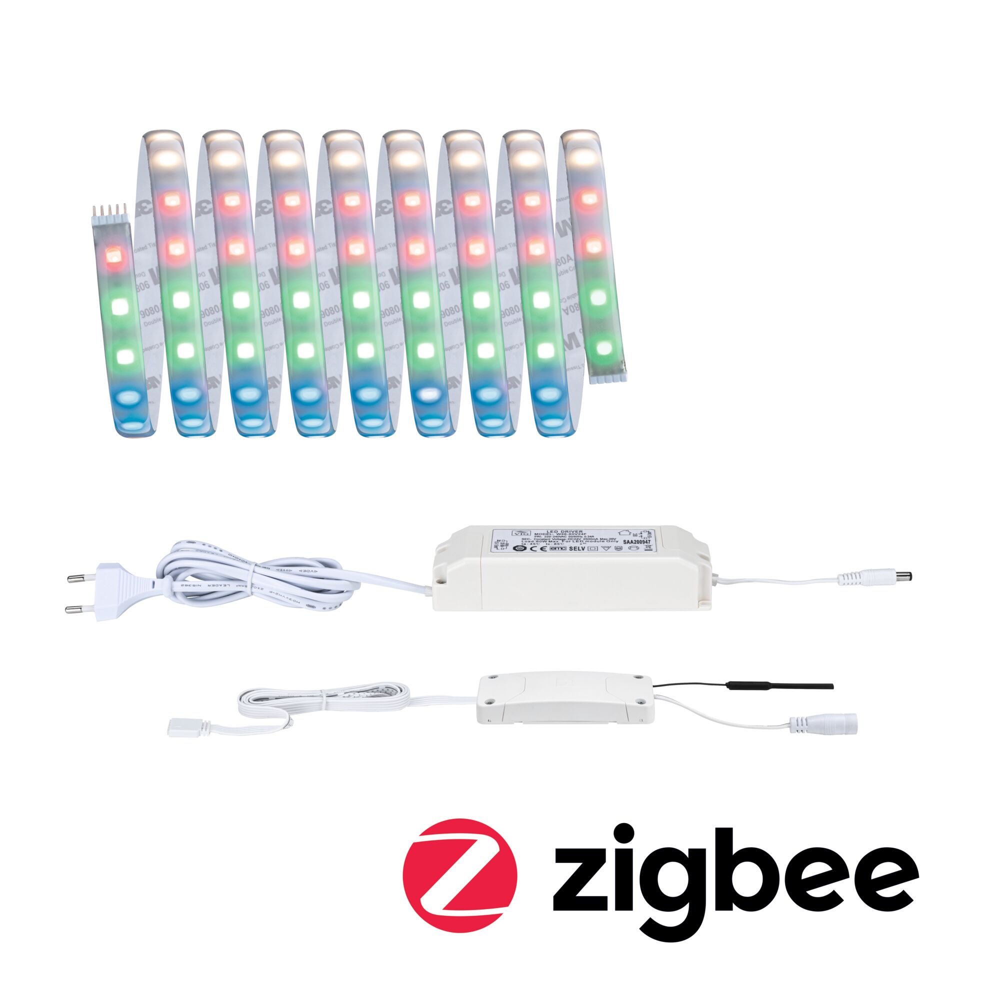 MaxLED 500 LED-lysbånd Smart Home Zigbee 3.0 Basissæt 3m RGBW belagt 27W 400lm/m RGBW+ 60VA Multifarvet LED-strip med hvid strømforsyning og Zigbee-controller til smart belysning