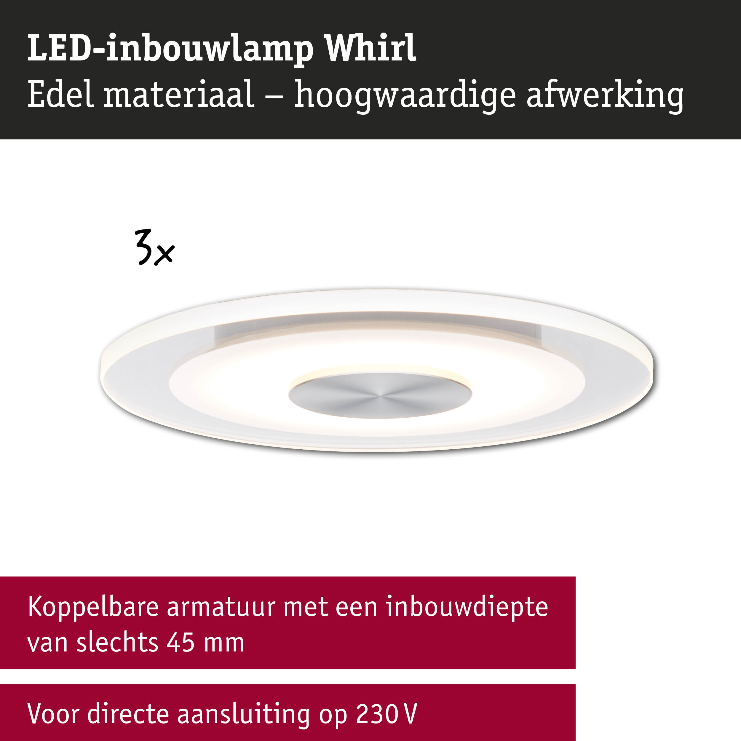 LED-inbouwlamp Whirl in wit met hoogwaardig materiaal en directe 230V aansluiting voor verlichting