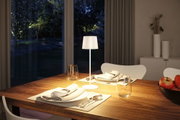 White metal table lamp on wooden dining table with set places and apples in living room.