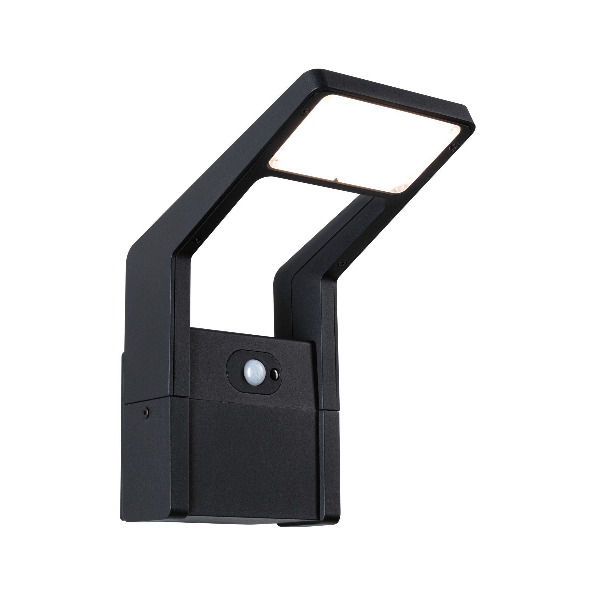 Black metal LED outdoor wall light with motion sensor and modern design for garden and terrace lighting