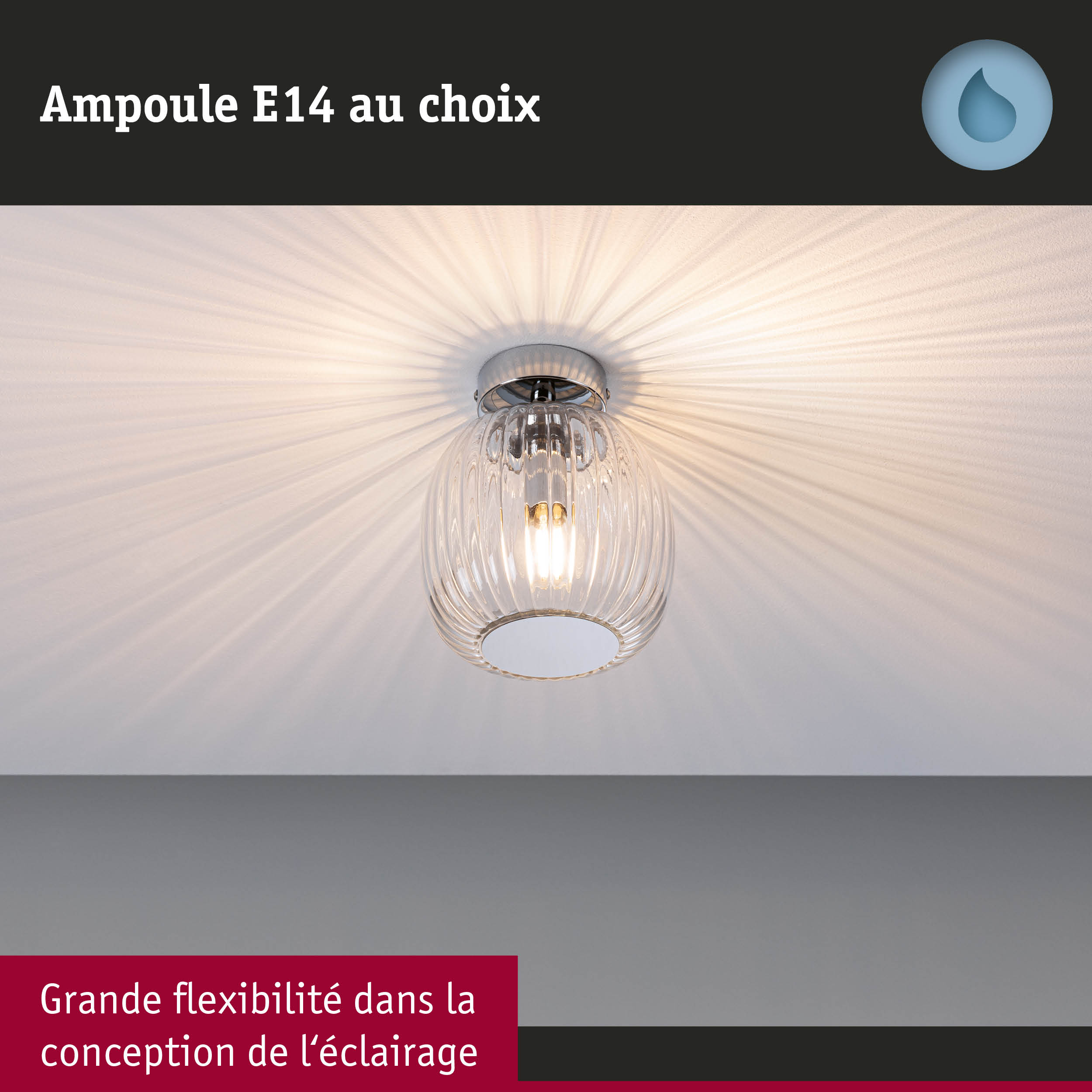 Plafonnier en verre transparent avec douille E14, crée des rayons lumineux décoratifs au plafond
