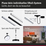 Modulares URail-Schienensystem mit weißen und schwarzen Schienen, Steckern und Pendelleuchten für flexible Beleuchtung