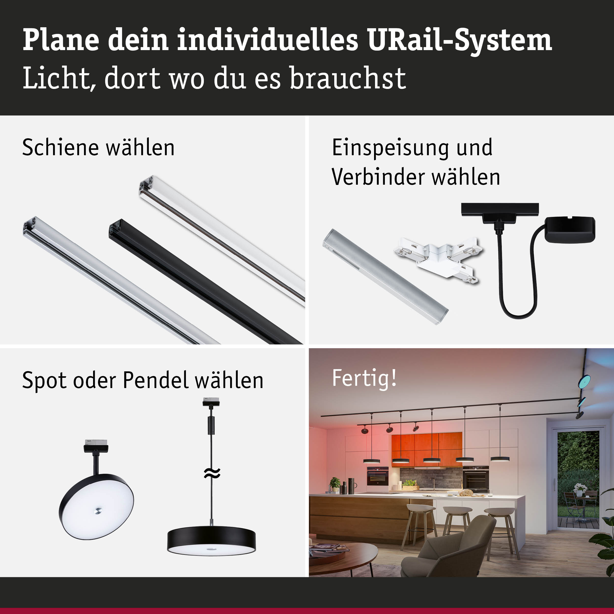 Modulares URail-Schienensystem mit weißen und schwarzen Schienen, Steckern und Pendelleuchten für flexible Beleuchtung
