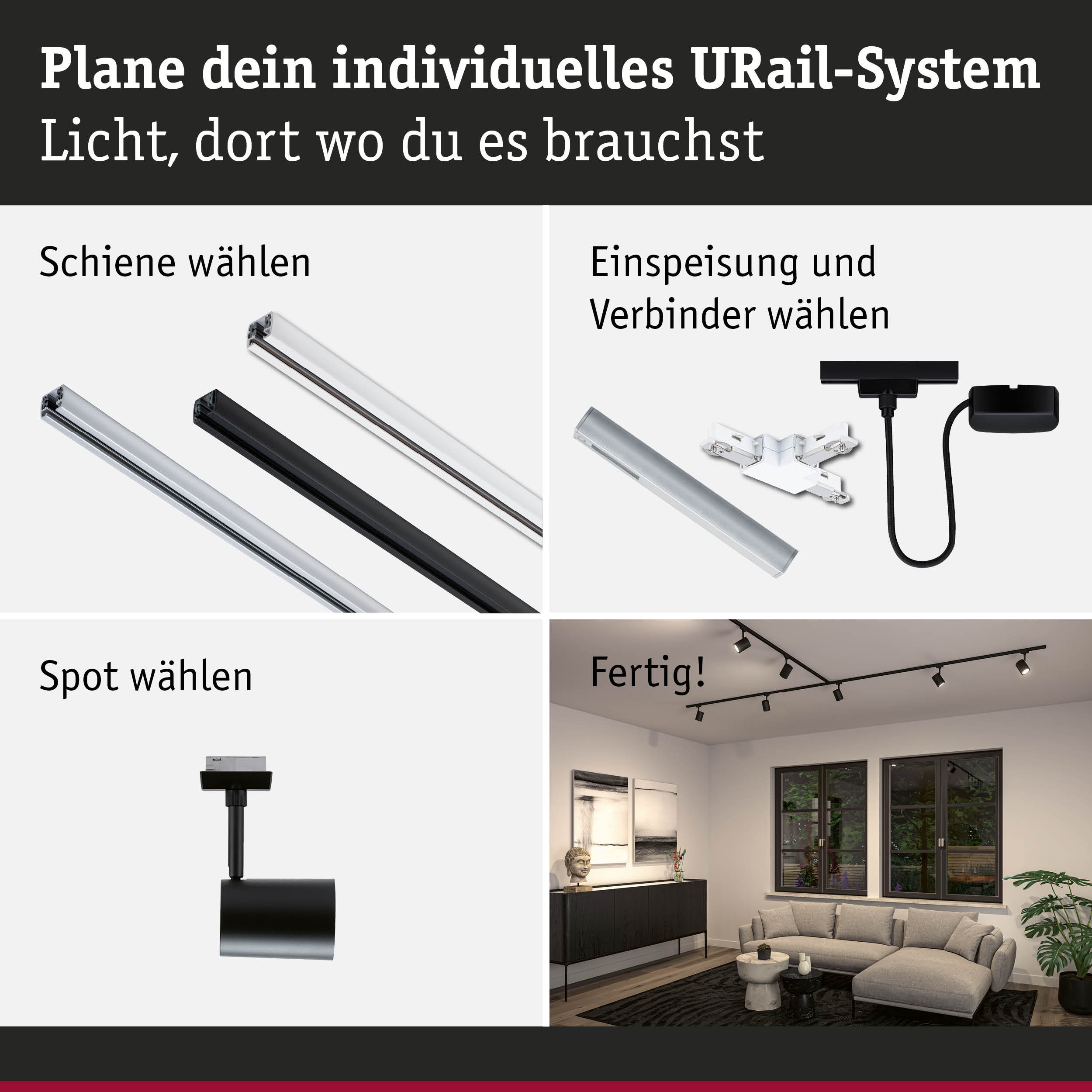 Modulares URail-Schienensystem in Schwarz und Weiß mit Spots für individuelle Raumbeleuchtung