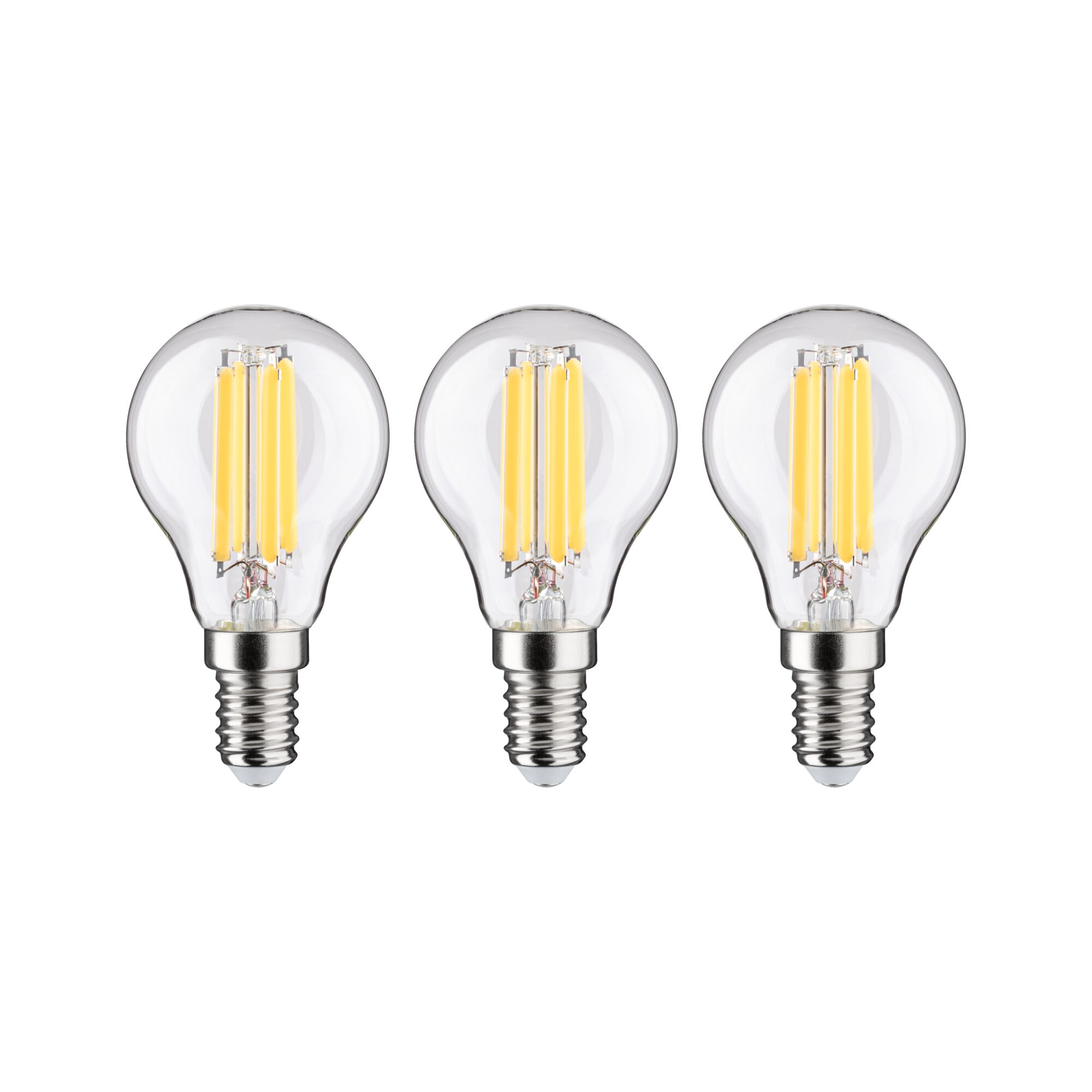 Drei klare LED-Glühbirnen mit E14-Fassung und warmweißem Licht für energiesparende Beleuchtung.