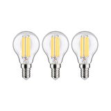 Drei klare LED-Glühbirnen mit E14-Fassung und warmweißem Licht für energiesparende Beleuchtung.