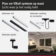 Modulair URail railsysteem met aluminium rails in zwart en wit voor flexibele LED-verlichting.