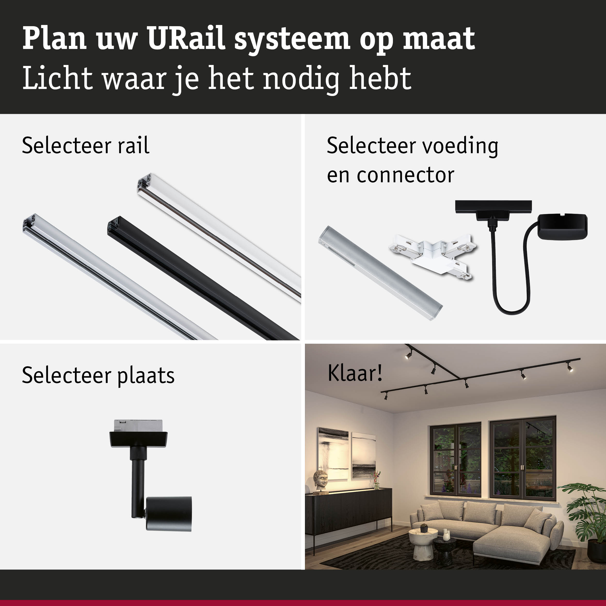 Modulair URail railsysteem met aluminium rails in zwart en wit voor flexibele LED-verlichting.