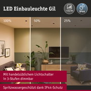 LED Einbauleuchte Gil mit 3-Stufen-Dimmung und IP44 Spritzwasserschutz in Wohnzimmerdecke installiert