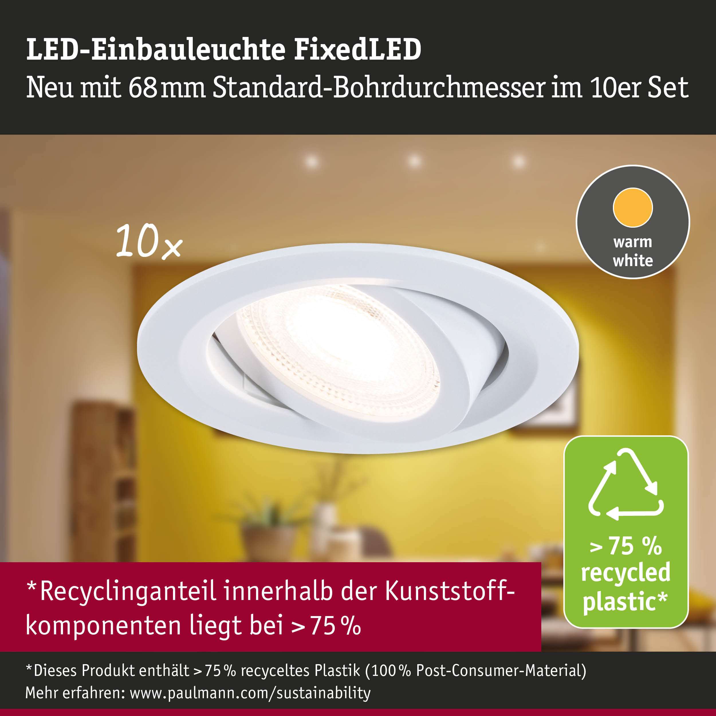 LED-Einbauleuchte FixedLED in Weiß mit warmweißem Licht und 68mm Bohrdurchmesser, 10er Set
