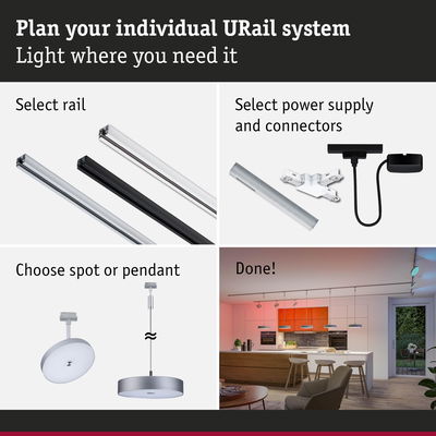 Modular URail system with rails, power supplies, and pendant lights for customizable home lighting solutions
