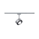 Moderner silberner LED-Strahler aus Metall an Schienensystem für flexible Raumbeleuchtung