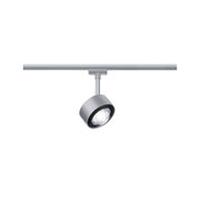 Moderner silberner LED-Strahler aus Metall an Schienensystem für flexible Raumbeleuchtung