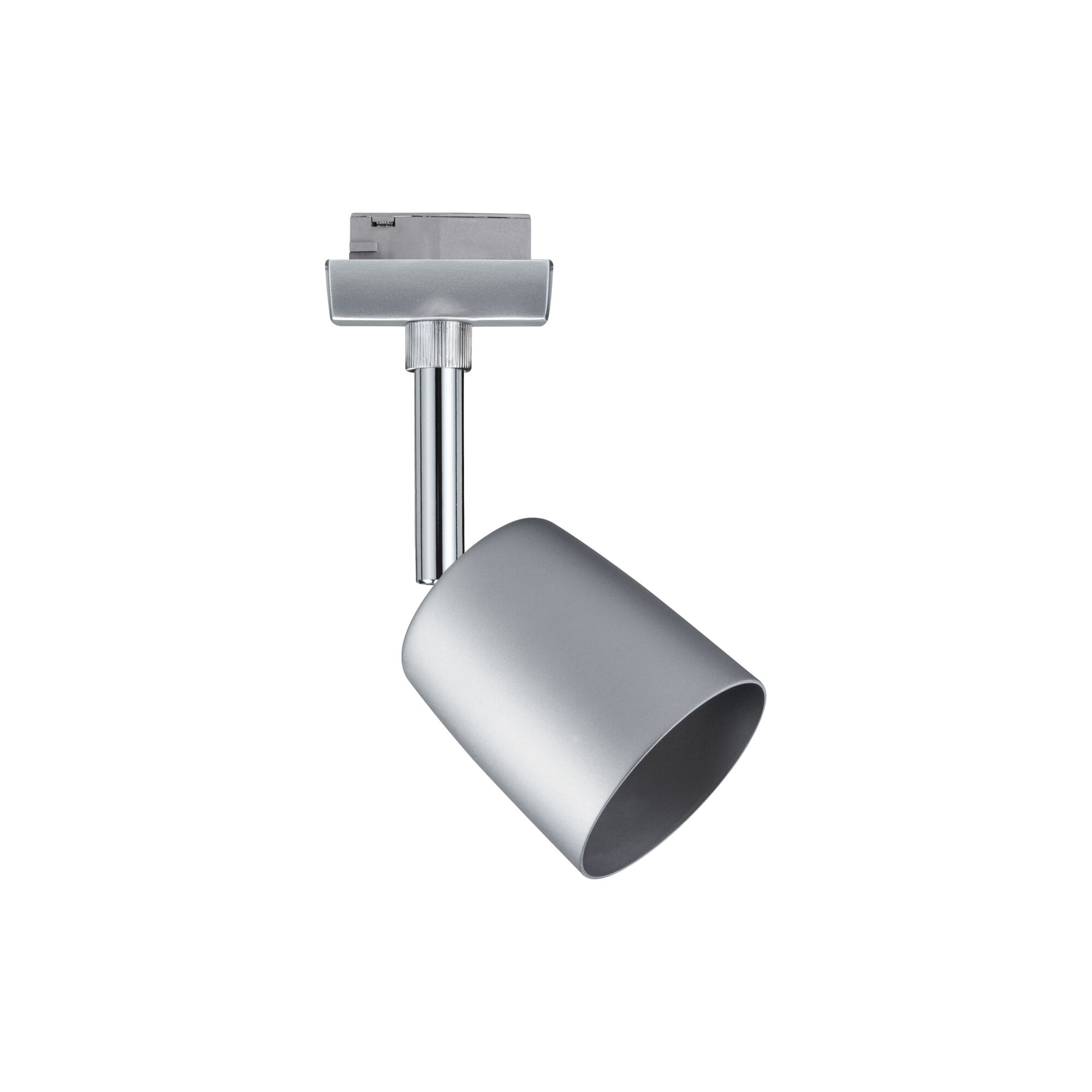 Modern silver metal LED spotlight for track systems, perfect for accent lighting in interiors