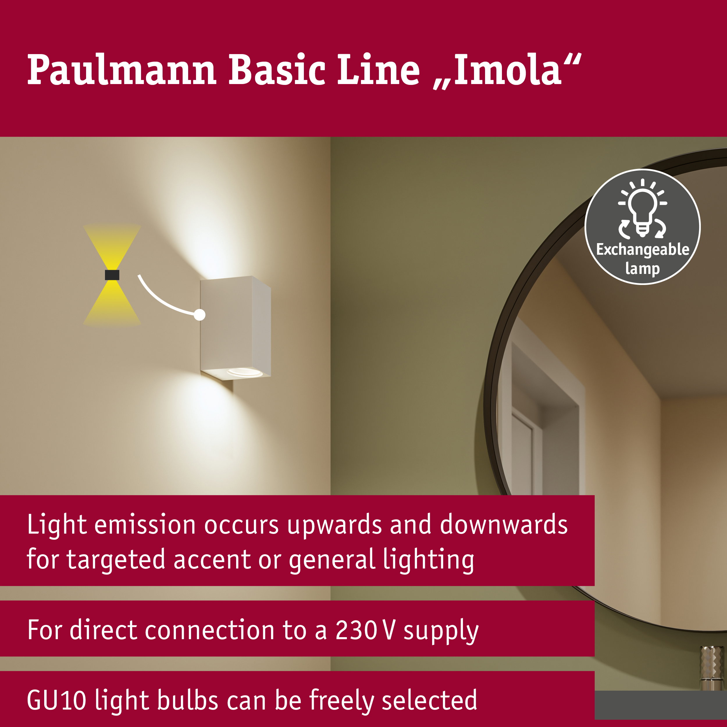 Wall light Imola IP44 GU10 230V max. 2x10W Matt white