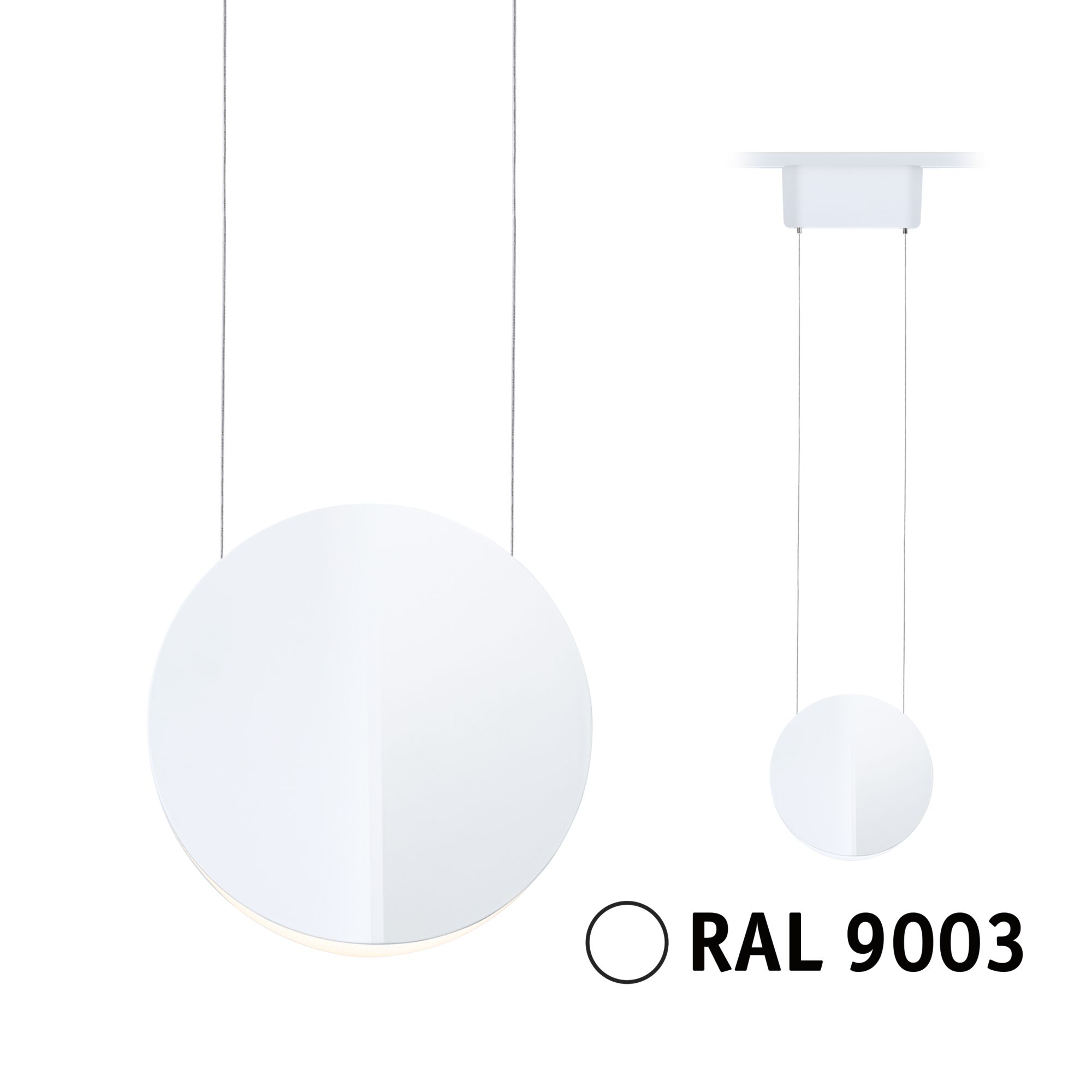 Runde weiße Pendelleuchte aus Metall in RAL 9003 mit minimalistischer Optik für moderne Innenräume.