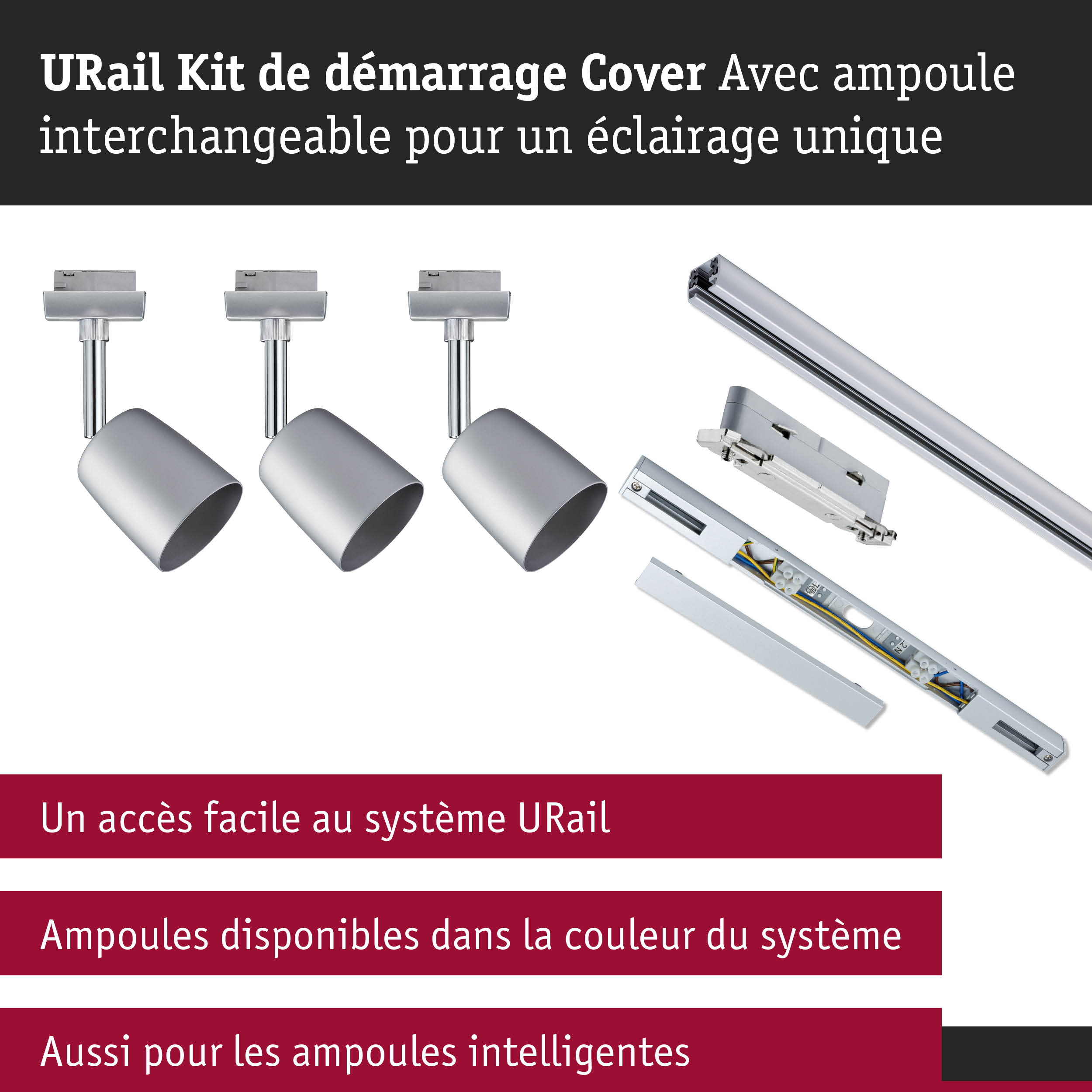 Kit de démarrage URail avec spots en aluminium argenté et rails pour système d'éclairage LED flexible