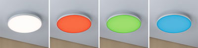 Four round LED ceiling lights in white, red, green, and blue with white frame for modern room lighting