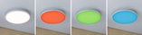 Quatre plafonniers LED ronds en blanc, rouge, vert et bleu avec cadre blanc pour éclairage moderne