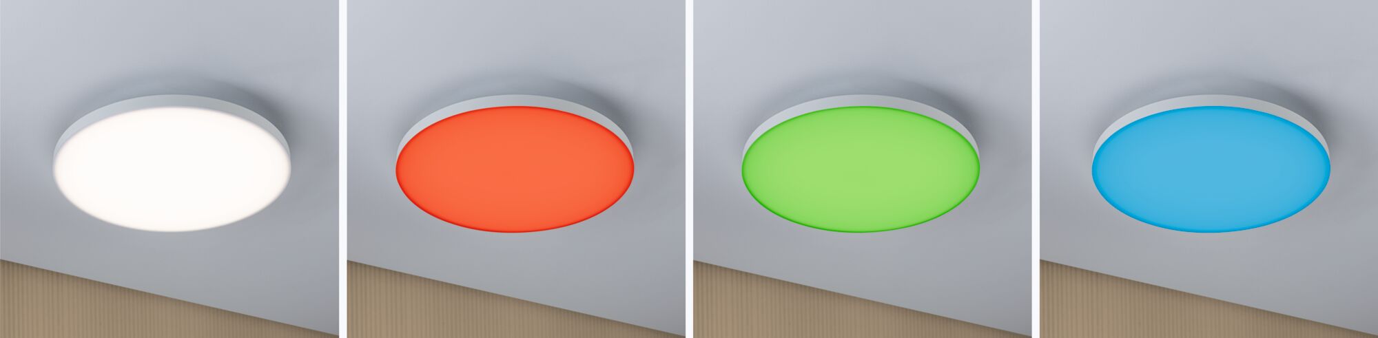Four round LED ceiling lights in white, red, green, and blue with white frame for modern lighting