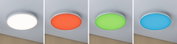 Four round LED ceiling lights in white, red, green, and blue with white frame for modern lighting