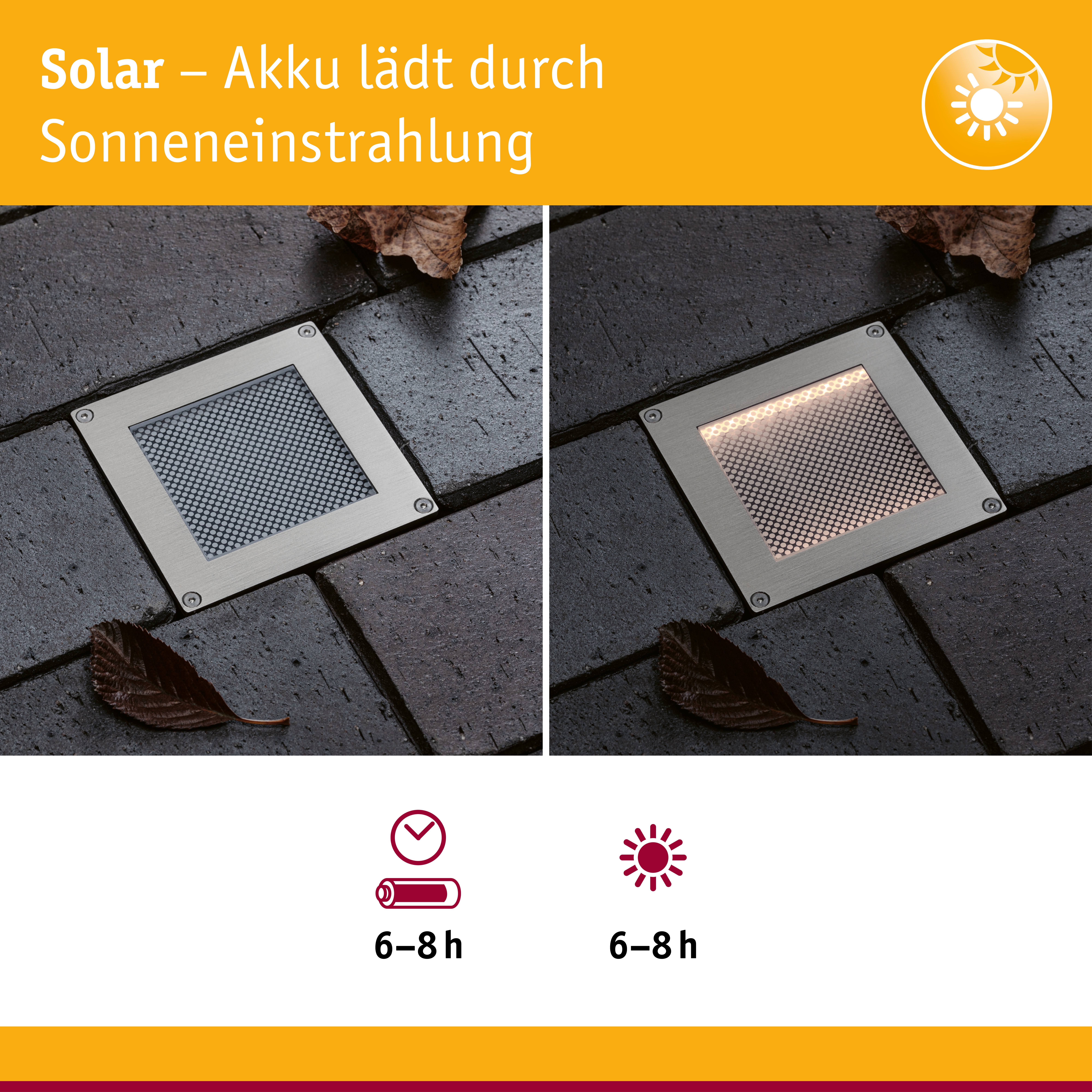 Solar LED Bodeneinbauleuchte Sorea Dämmerungssensor IP67 eckig 100x100mm 3000K 0,1W 6lm 3,7V Eisen gebürstet ABS/Polycarbonat/Edelstahl