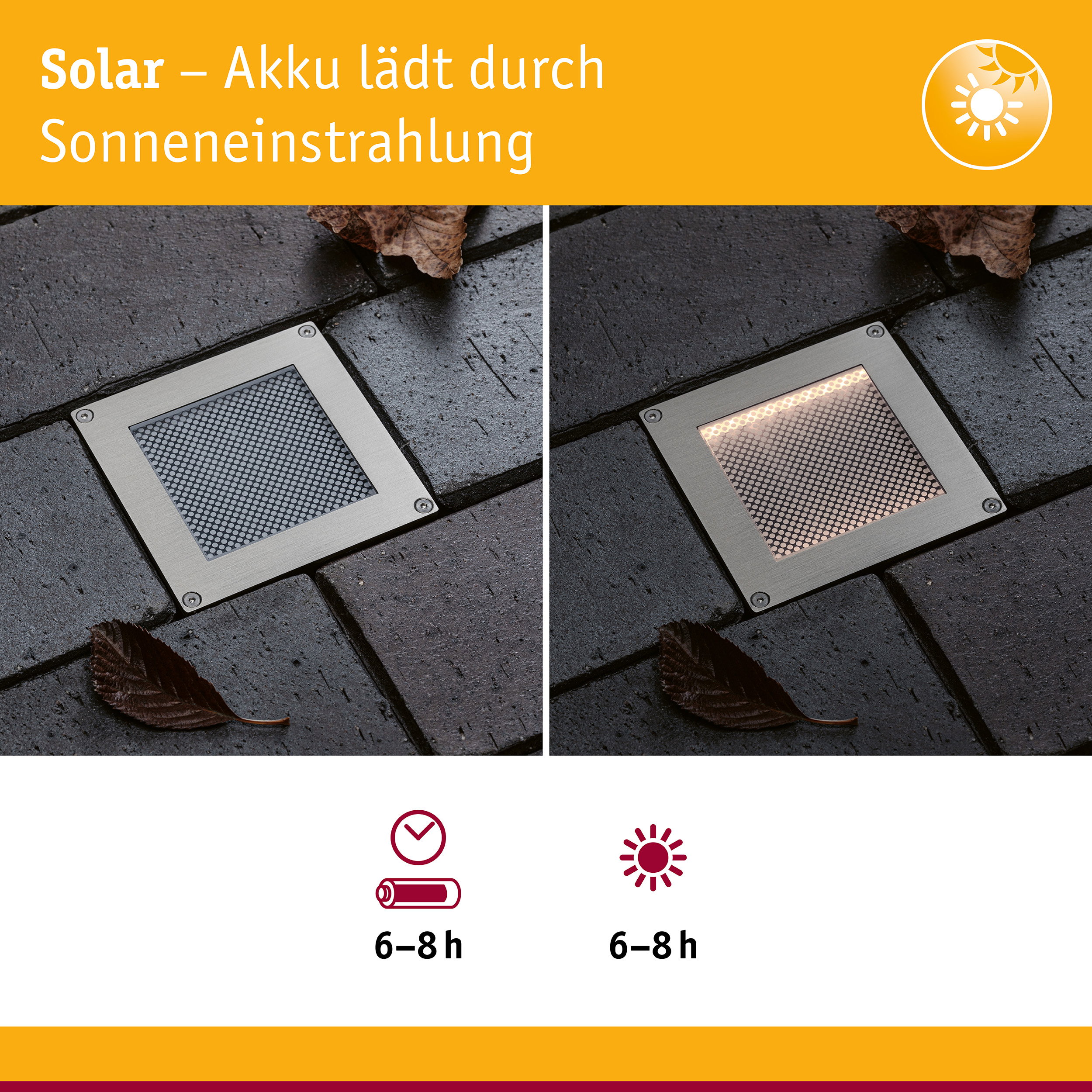 Solar LED Bodeneinbauleuchte Sorea Dämmerungssensor IP67 eckig 100x100mm 3000K 0,1W 6lm 3,7V Eisen gebürstet ABS/Polycarbonat/Edelstahl