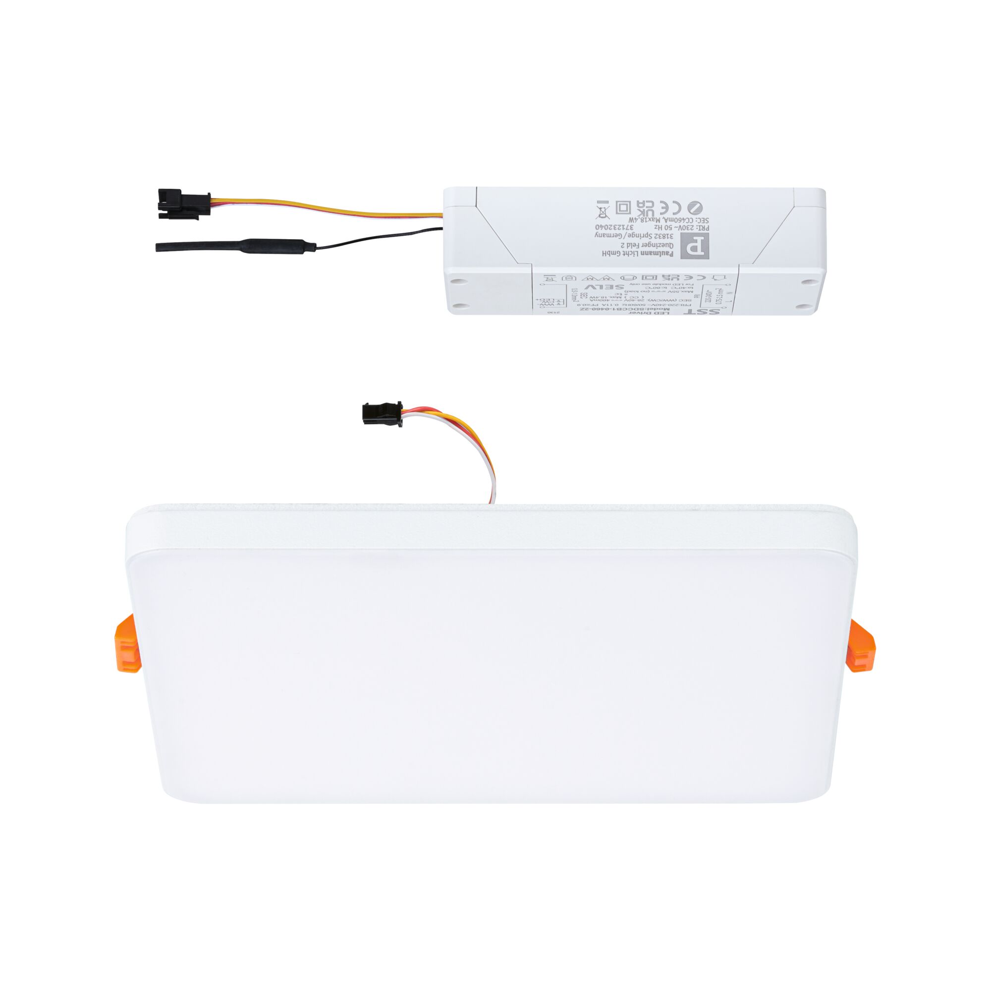 Rectangular white LED recessed panel with matching white driver and connection cables for indoor lighting