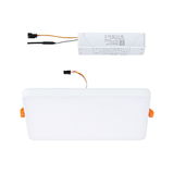 Rectangular white LED recessed panel with matching white driver and connection cables for indoor lighting