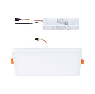Rectangular white LED recessed panel with matching white driver and connection cables for indoor lighting