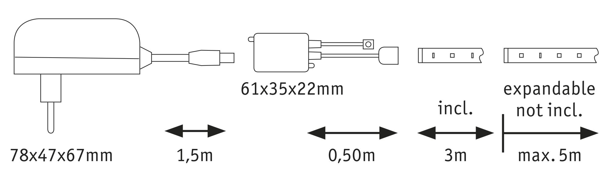 Technische Zeichnung eines Steckernetzteils mit Maßen 78x47x67mm und Kabelverlängerungen für LED-Beleuchtung.