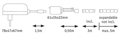 Schéma technique d’un adaptateur secteur 78x47x67mm avec rallonges pour éclairage LED.