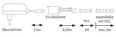 Technical drawing of a power adapter 78x47x67mm with cable extensions for LED lighting systems.