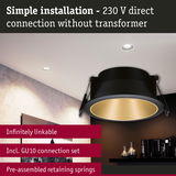 Black recessed spotlight with gold interior ring, 230 V direct connection, LED downlight for home lighting