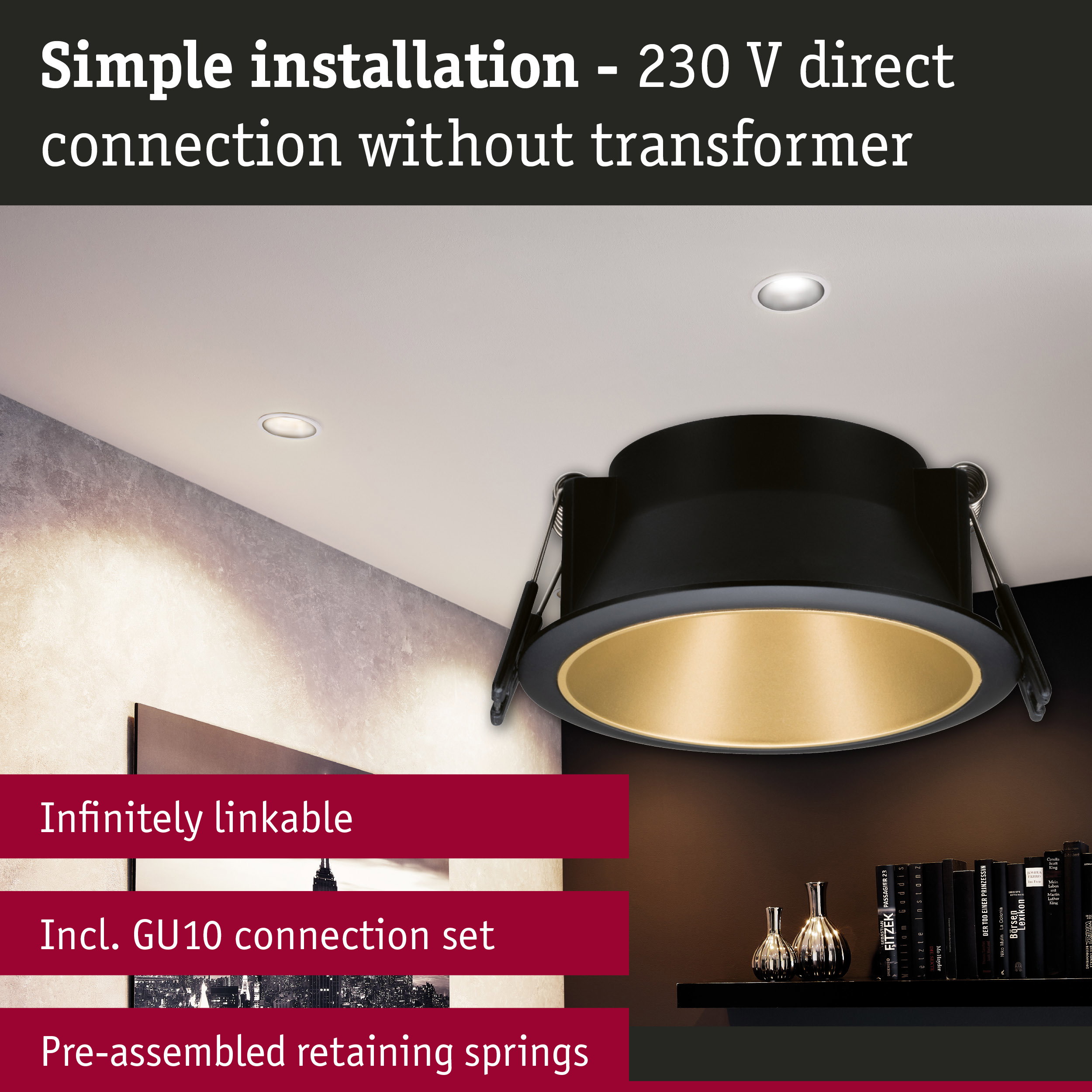 Black recessed spotlight with gold interior in modern living room featuring indirect lighting