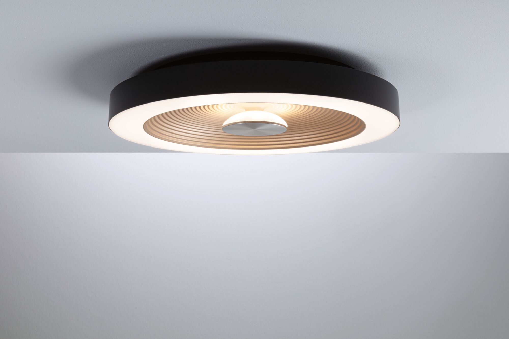 Round ceiling light with black metal frame and warm white LED for modern home lighting