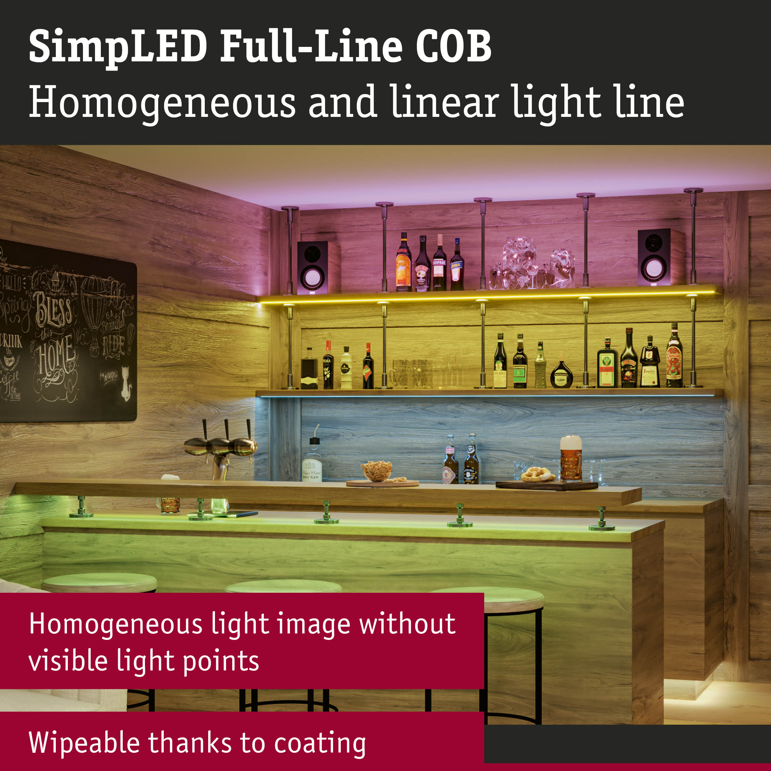 Bar with wooden shelves and coloured LED lighting creating homogeneous light lines without visible points