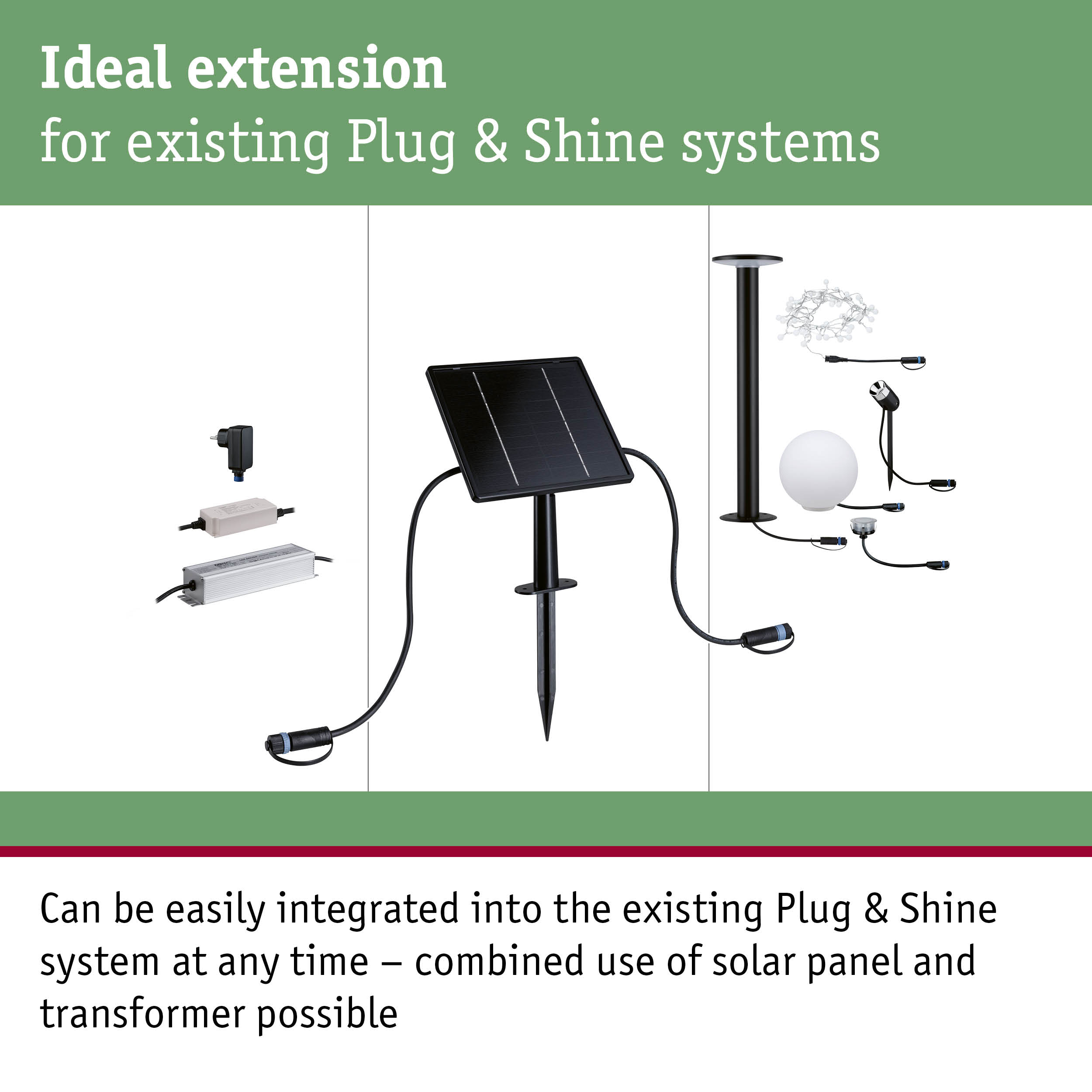 Black solar panel with ground spike and accessories for Plug & Shine lighting systems