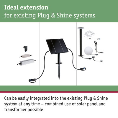 Black solar panel with ground spike and accessories for Plug & Shine lighting systems