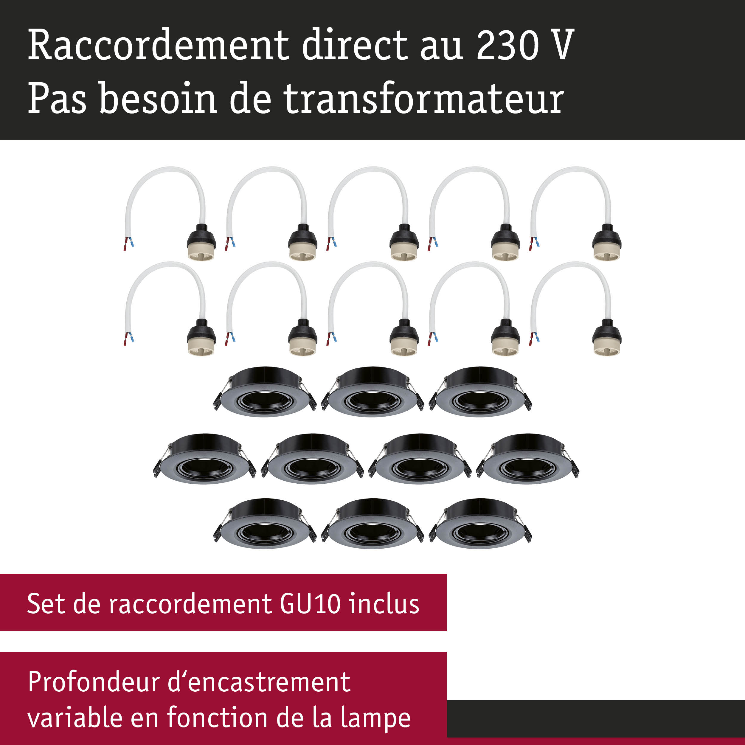 Set de spots encastrés noirs avec câbles GU10 blancs pour raccordement direct 230V sans transformateur