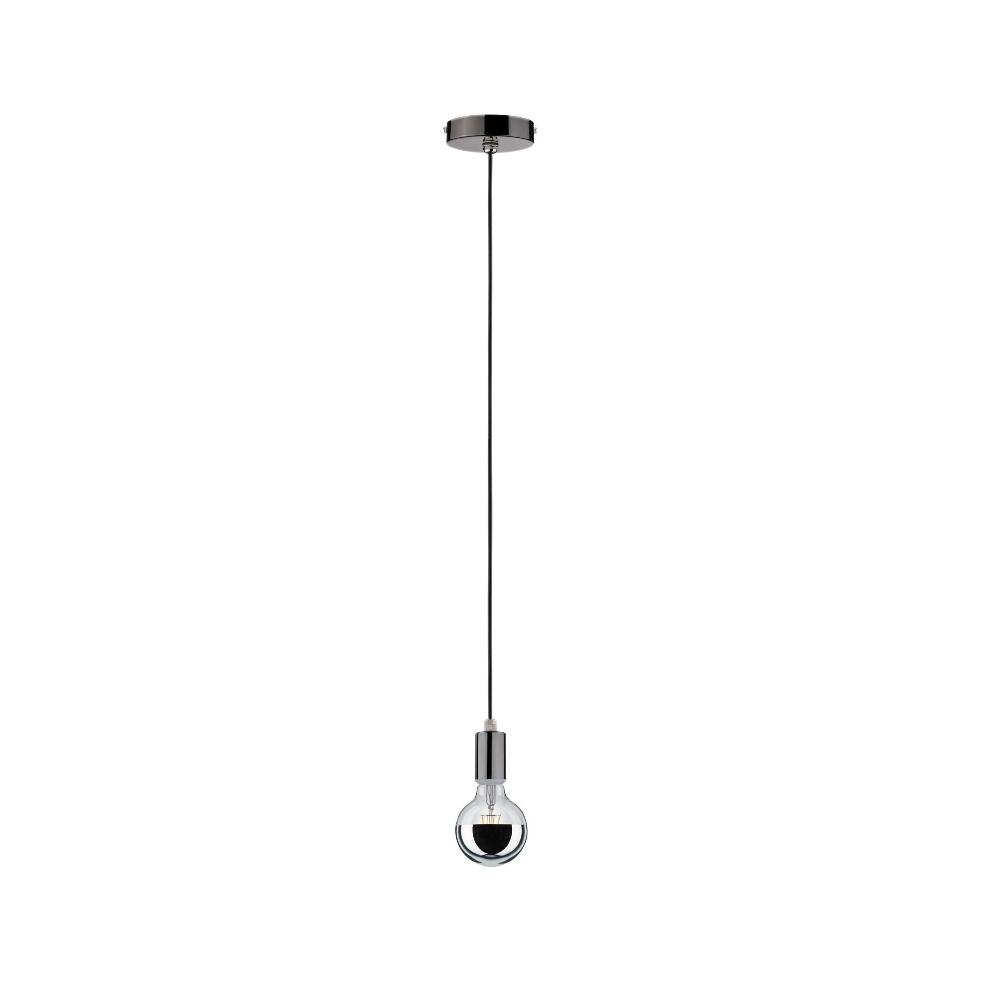 Modern pendant light with black cord and chrome socket, minimalist design for living spaces