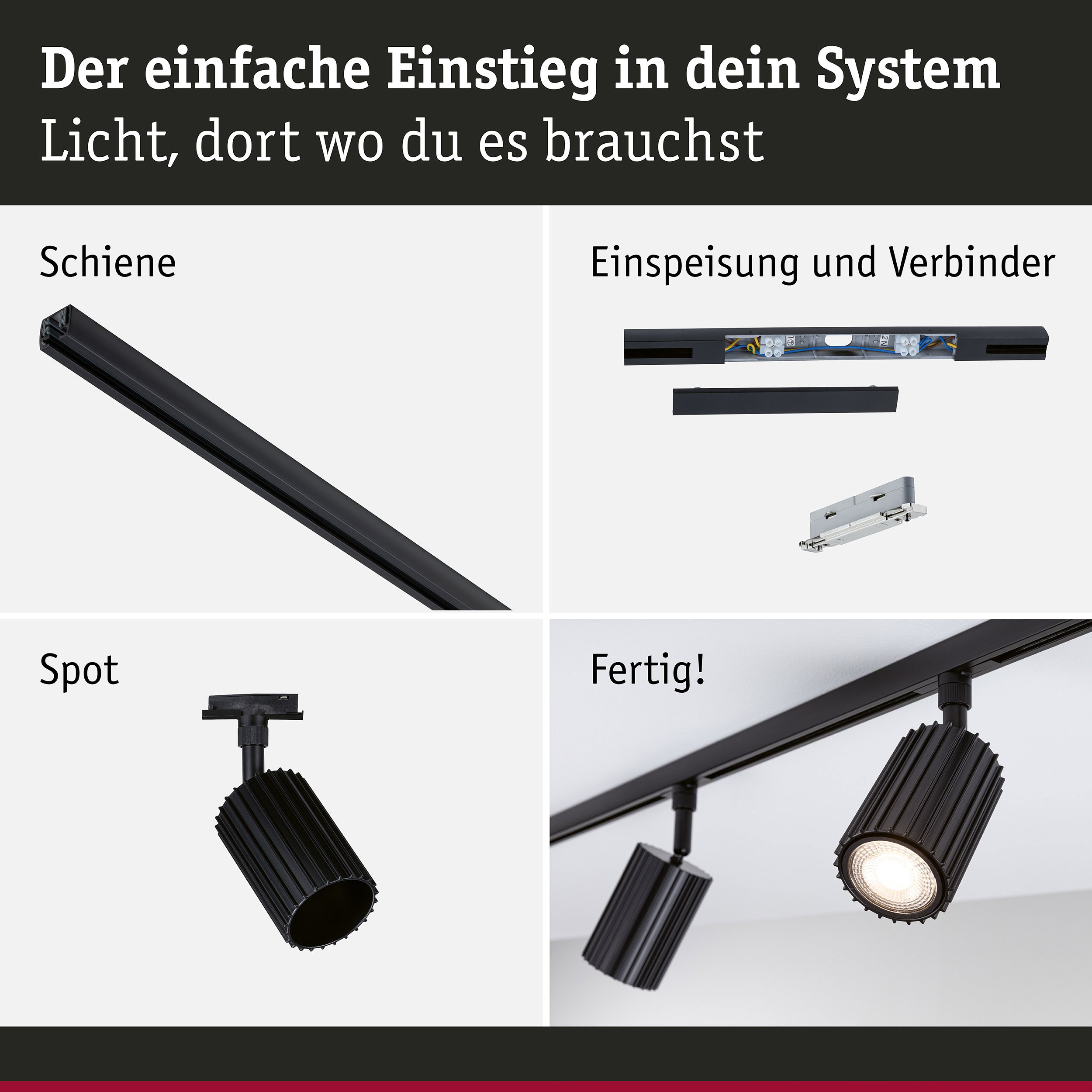 URail Schienenspot Lirena Starterset Mitteleinspeisung GU10 max. 10W 230V Schwarz matt