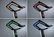 Black LED floor lamp with square light head in warm white, red, green, and blue for living spaces.